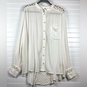 Free People NWT  Top Boho Blouse Oversized Button Front Lace Back Cream  Medium